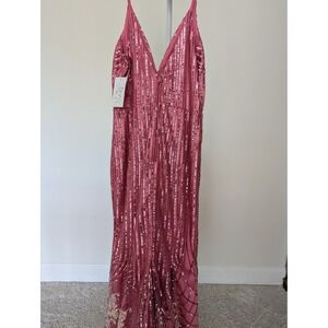 Dear Moon Pink Sequin V-Neck Mermaid Gown Floral Scallop Hem Maxi Prom Formal